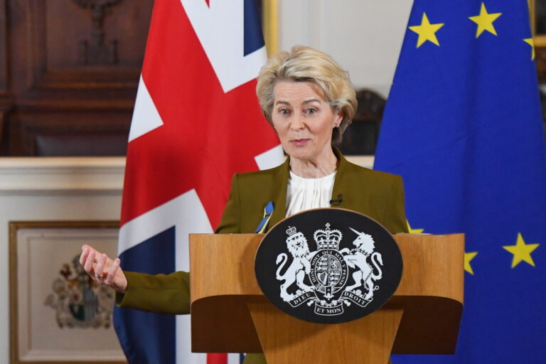 epa10494064 European Commission President Ursula von der Leyen speaks during a joint news conference with Britain's prime minister on a post-Brexit deal in Windsor, Britain, 27 February 2023. The UK and European Union reached a deal on Northern Ireland's trading arrangements, ending more than a year of often acrimonious wrangling over the post-Brexit settlement for the region, people familiar with the matter said. EPA/CHRIS J. RATCLIFFE / POOL