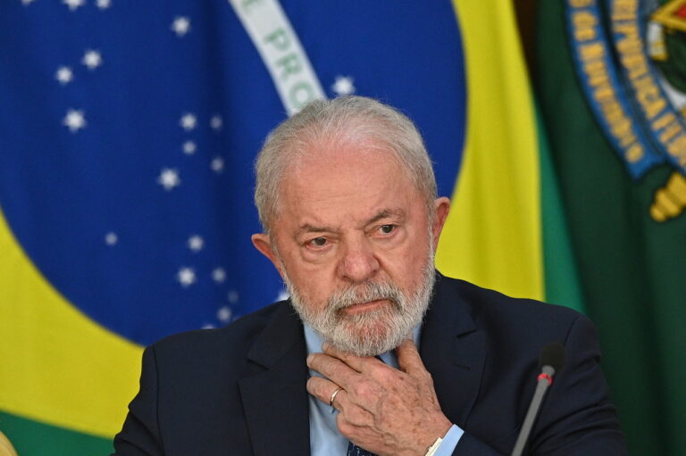 epa10514295 The President of Brazil, Luiz Inacio Lula da Silva, reacts during the launch of the 'Manos a la Obra' platform, at the Planalto Palace, in Brasilia, Brazil, 10 March 2023. Lula da Silva launched this 10 March a digital platform that will serve to identify and resume the thousands of works that are stopped throughout the country, in a context of economic slowdown. EPA/Andre Borges