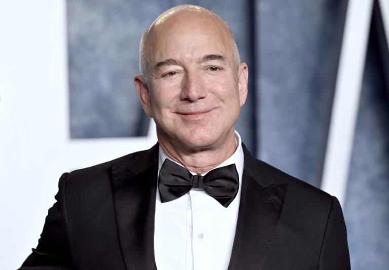 Jeff Bezos arrives at the Vanity Fair Oscar Party on Sunday, March 12, 2023, at the Wallis Annenberg Center for the Performing Arts in Beverly Hills, Calif. (Photo by Evan Agostini/Invision/AP)