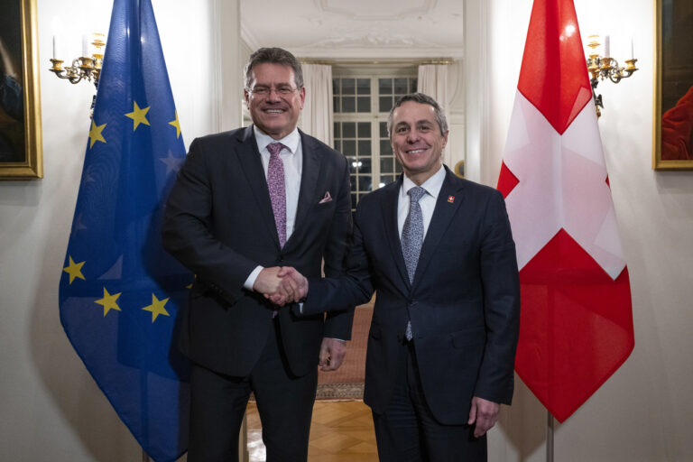 Swiss Federal Councilor Ignazio Cassis, right, welcomes Maros Sefcovic, Vice-President of the European Commission during a working visit in Bern, Switzerland, on Wednesday, March 15, 2023. (KEYSTONE/Peter Schneider)