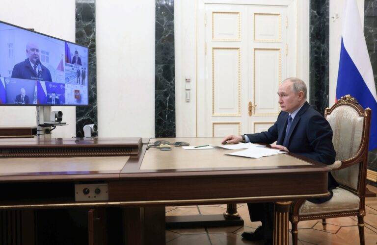 Russian President Vladimir Putin chairs a meeting on the social and economic development of Crimea and Sevastopol via a videoconference at the Moscow's Kremlin in Moscow, Russia, Friday, March 17, 2023. (Mikhail Metzel, Sputnik, Kremlin Pool Photo via AP)