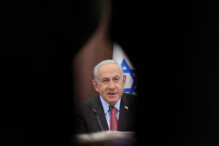 epa10531467 Israeli Prime Minister Benjamin Netanyahu attends a weekly cabinet meeting in the prime minister's office in Jerusalem, 19 March 2023. Nationwide protests against the government's judicial reform plans are being held for eleven weeks in a row. Israel's parliament passed a draft law limiting the power of the Israeli Supreme Court in a first reading on 14 March. EPA/ABIR SULTAN / POOL