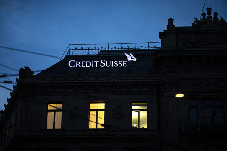 The logo of the Swiss bank Credit Suisse is seen at the banks headquarters at Paradeplatz in Zurich, Switzerland on Sunday March 19, 2023. (KEYSTONE/Michael Buholzer).