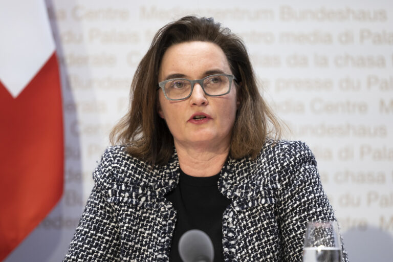 Marlene Amstad, President FINMA, speaks during a press conference, on Sunday, 19 March 2023 in Bern. Switzerland's largest bank UBS agreed to take over Credit Suisse for 3 billion Swiss francs ($3.25 billion) in a government-brokered deal over the weekend following days of market upheaval over the health of the banking sector. (KEYSTONE/Peter Klaunzer)