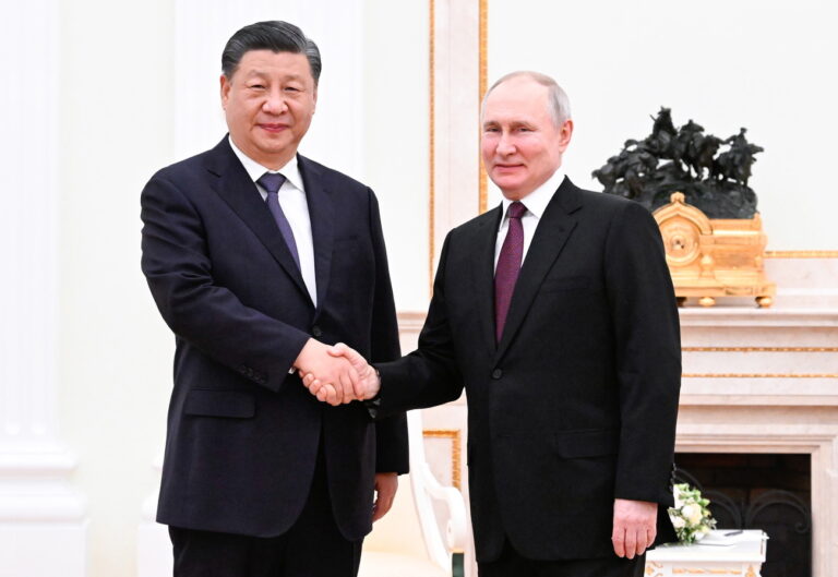 epa10534502 Chinese President Xi Jinping is greeted by Russian President Vladimir Putin at the Kremlin in Moscow, Russia, 20 March 2023. EPA/XINHUA / Shen Hong CHINA OUT / MANDATORY CREDIT EDITORIAL USE ONLY