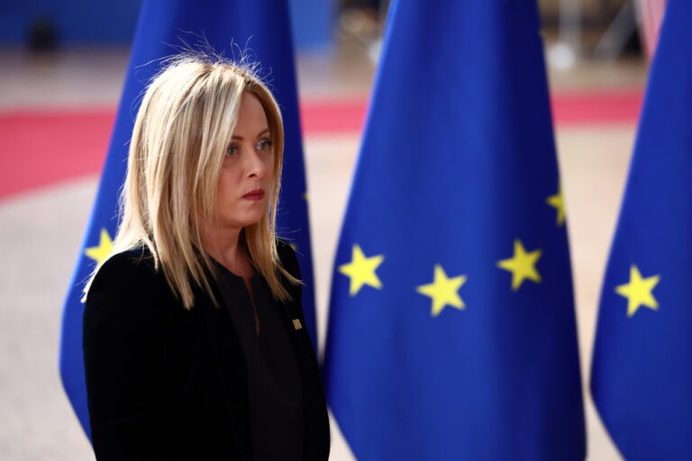 epa10538148 Italy's Prime Minister Giorgia Meloni arrives for a EU Summit in Brussels, Belgium, 23 March 2023. EU leaders will meet for a two-day summit in Brussels to discuss the latest developments in relation to 'Russia's war of aggression against Ukraine' and continued EU support for Ukraine and its people. The leaders will also debate on competitiveness, single market and the economy, energy, external relations among other topics, including migration. EPA/STEPHANIE LECOCQ
