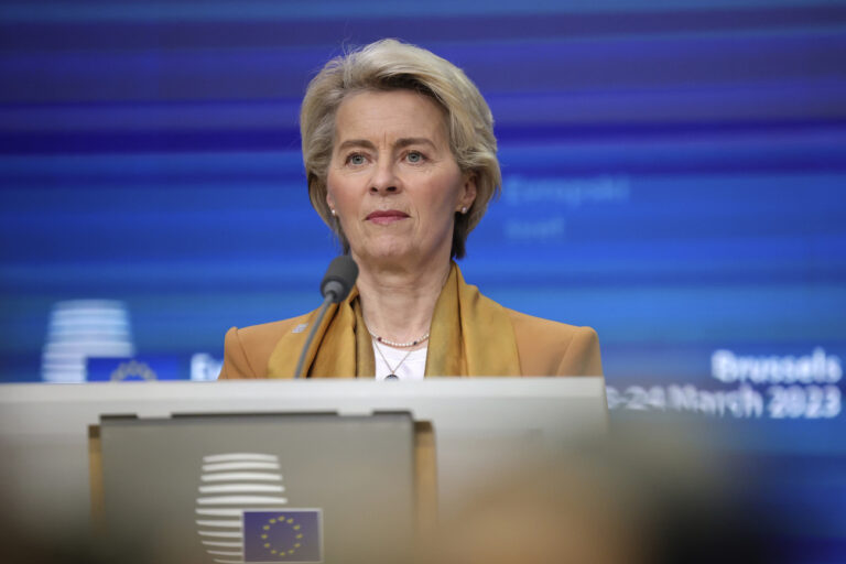 European Commission President Ursula von der Leyen addresses a media conference during EU summit in Brussels, Thursday, March 23, 2023. European Union leaders have endorsed a plan for sending Ukraine 1 million rounds of artillery ammunition within the next 12 months to help the country counter Russia's invasion forces. (AP Photo/Olivier Matthys)