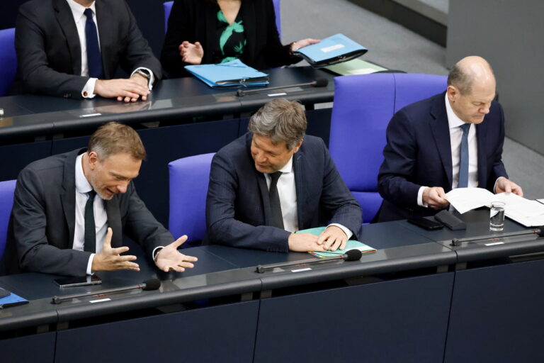 epa10548503 (L-R) German Finance Minister ChristianLindner, Vice-Chancellor and Minister of Economy and Climate Robert Habeck and Chancellor Olaf Scholz during a session of the German Bundestag in Berlin, Germany, 29 March 2023. Members of the German Bundestag held the questions session to the members of the government following the Federal Government's weekly cabinet meeting. EPA/HANNIBAL HANSCHKE