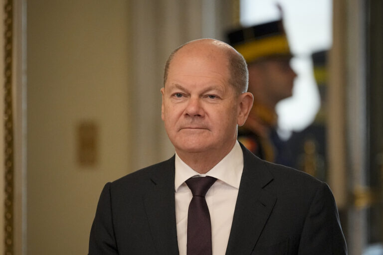 German Chancellor Olaf Scholz arrives for a meeting with Romanian President Klaus Iohannis at the Cotroceni Presidential Palace in Bucharest, Romania, Monday, April 3, 2023. (AP Photo/Andreea Alexandru)