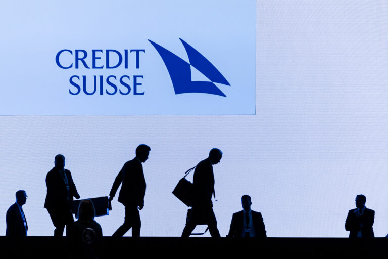 Swiss bank Credit Suisse CEO Ulrich Koerner, 3rd right, leaves the stage after the annual shareholders' meeting of the Swiss banking group on Tuesday, April 4, 2023 in Zurich, Switzerland. Swiss Bank Credit Suisse was rescued in a three billion dollars purchase by its Swiss rival UBS in a government-backed deal. (KEYSTONE/Michael Buholzer)