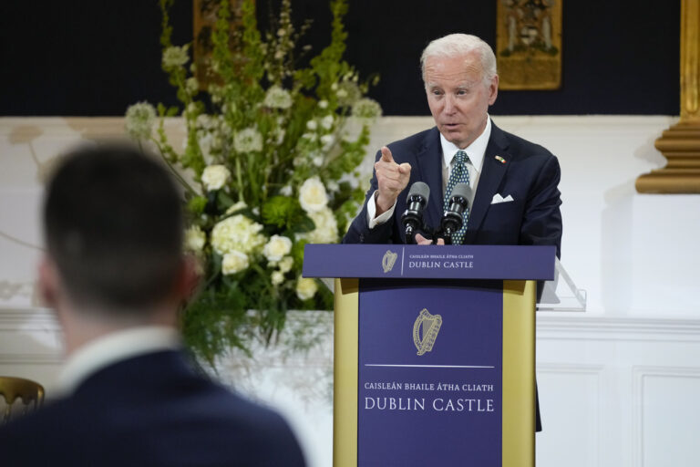 President Joe Biden speaks during a banquet dinner at Dublin Castle, Thursday, April 13, 2023, in Dublin, Ireland. (AP Photo/Patrick Semansky)