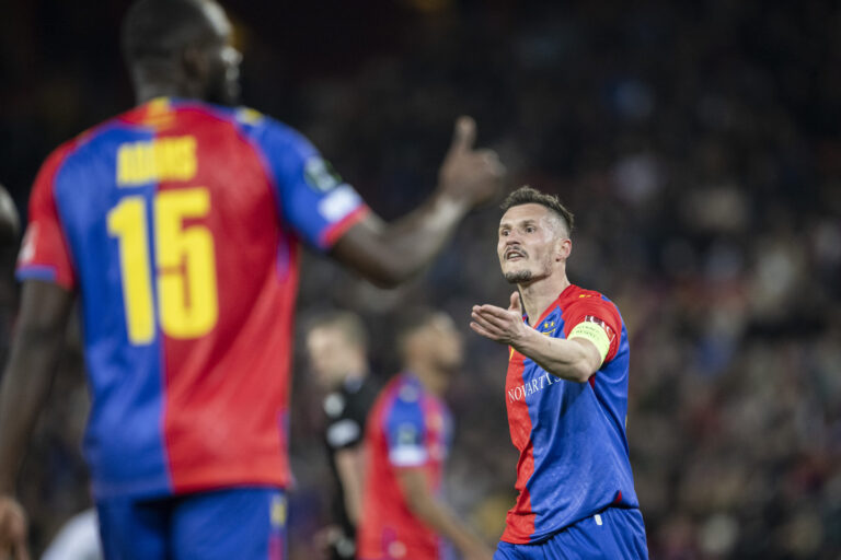 Basel's Taulant Xhaka reacts during the UEFA Conference League soccer match between Switzerland's FC Basel 1893 and OGC Nice of France at the St. Jakob-Park stadium in Basel, Switzerland, on Thursday, April 13, 2023. (KEYSTONE/Ennio Leanza)
