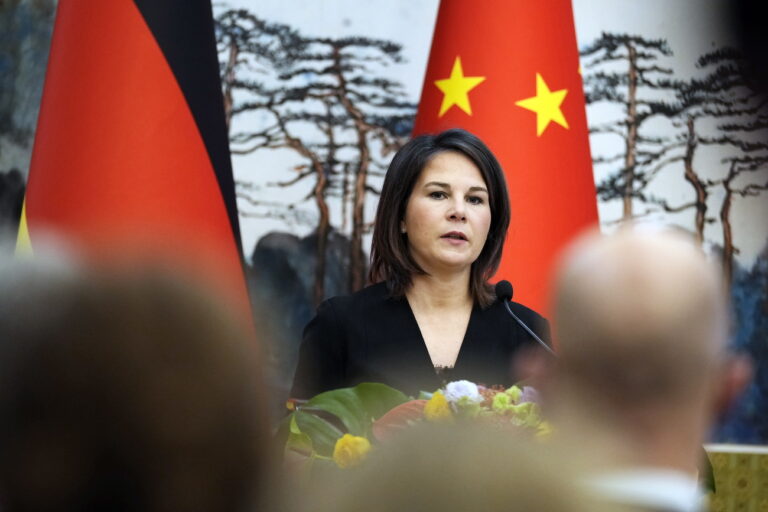 epa10571899 German Foreign Minister Annalena Baerbock speaks during a joint press conference with Chinese Foreign Minister Qin Gang (not pictured) at the Diaoyutai State Guesthouse in Beijing, China, 14 April 2023. EPA/SUO TAKEKUMA / POOL