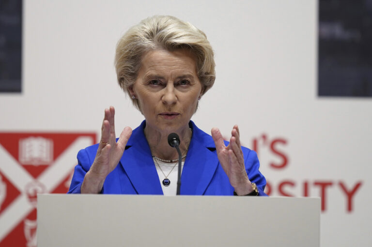 President of the European Commission Ursula von der Leyen speaks during the international conference to mark the 25th anniversary of the Belfast/Good Friday Agreement, at Queen's University Belfast, in Belfast, Wednesday April 19, 2023. (Niall Carson/Pool Photo via AP)