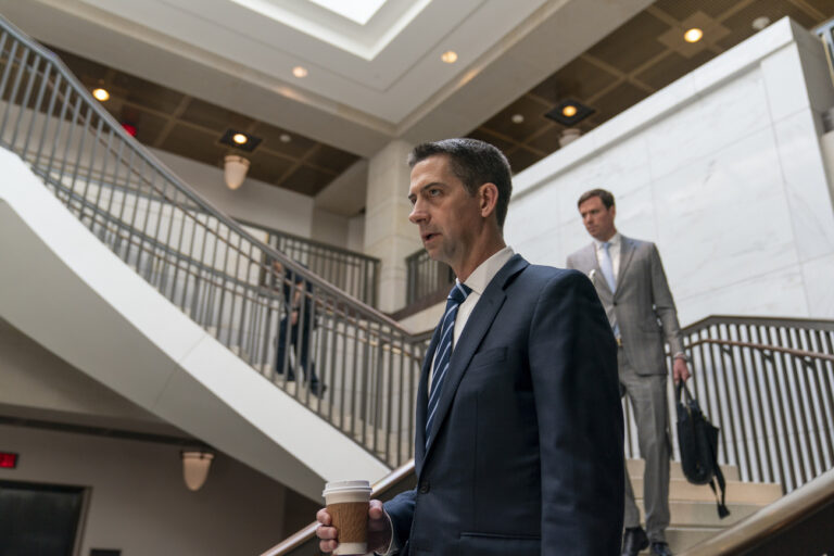 Sen. Tom Cotton, R-Ark., arrives for a closed door briefing about the leaked highly classified military documents, on Capitol Hill, Wednesday, April 19, 2023, in Washington. (AP Photo/Alex Brandon)