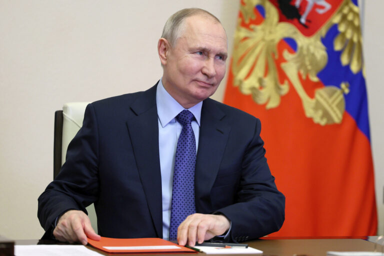 Russian President Vladimir Putin chairs a meeting with members of the Security Council via a video conference at the Novo-Ogaryovo state residence, outside Moscow, Russia, Friday, April 21, 2023. (Aleksey Babushkin, Sputnik/Kremlin Pool Photo via AP)