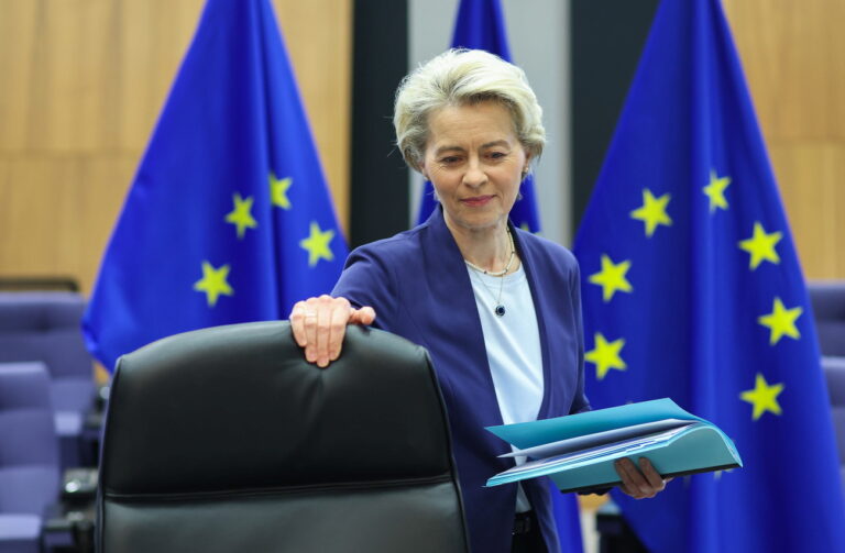 epa10591753 European Commission President Ursula von der Leyen goes to her seat at the start of the European weekly Commission college meeting in Brussels, Belgium, 26 April 2023. The commission is working 26 April on the review of the EU's economic governance framework and on the revision of the pharmaceutical legislation and the fight against antimicrobial resistance EPA/OLIVIER HOSLET