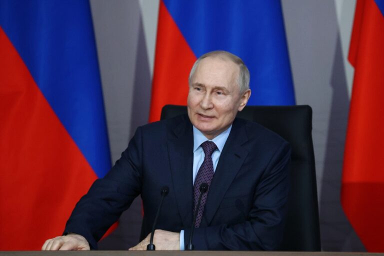 Russian President Vladimir Putin chairs a meeting on the development of unmanned aircraft at the Rudnyovo industrial park in Moscow, Russia, Thursday, April 27, 2023. (Artem Geodakyan, Sputnik, Kremlin Pool Photo via AP)