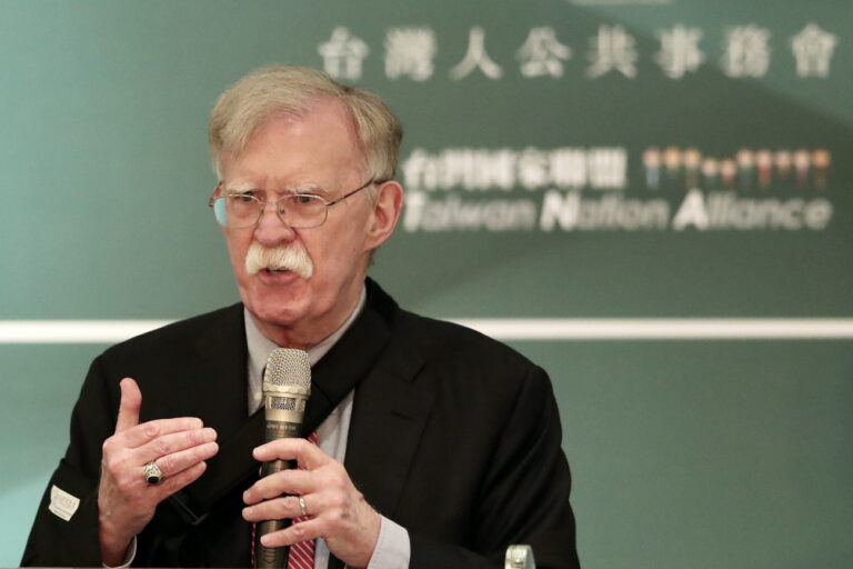 epa10601831 Former United States National Security Advisor John Bolton speaks during THE Formosan Association for Public Affairs (FAPA) 40th anniversary event in Taipei, Taiwan, 01 May 2023. Bolton landed in Taiwan on 26 April. During his stay, he was scheduled to meet with Taiwan's president and deliver speeches at two gatherings of organisations that support Taiwan's independence. EPA/RITCHIE B. TONGO