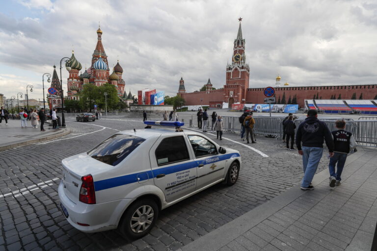 epa10606251 Russian policemen guard in front of the Moscow Kremlin on the Red square in Moscow, Russia, 03 May 2023. According to the Russian Presidential Press Service, two unmanned aerial vehicles targeted the Kremlin on the night of 02 May. The Kremlin accused Kyiv of carrying the drone strike against the residence of the Russian president, adding that the drones were disabled and crashed in the Kremlin grounds without causing any casualties or damage. The Kremlin described the action as a 'planned terrorist attack and an assassination attempt targeting the President', noting that the President was not injured. EPA/YURI KOCHETKOV