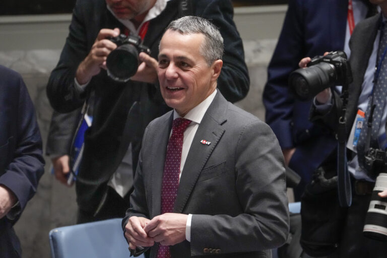 Ignazio Cassis, Federal Councillor for Foreign Affairs of Switzerland and current president of the United Nations Security Council, presides over a meeting of the council, Wednesday, May 3, 2023, at United Nations headquarters. (AP Photo/John Minchillo)