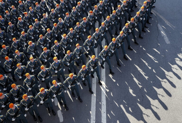 epa10616577 Russian servicemen march in downtown of Moscow, Russia, 09 May 2023, preparing for the military parade which will take place on the Red Square to commemorate the victory of the Soviet Union's Red Army over Nazi-Germany in WWII. EPA/YURI KOCHETKOV