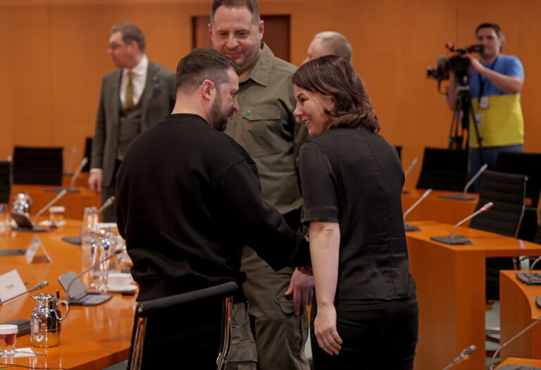 epa10626934 Ukrainian President Volodomyr Zelensky chats with German Foreign Minister Annalena Baerbock at a meeting of the Federal Securtity Council after meeting with German Chancellor at the Chancellery in Berlin, Germany, 14 May 2023. It is the first time Zelensky visits Germany since the start of the Russian invasion of Ukraine in February 2022. EPA/Sean Gallup / POOL