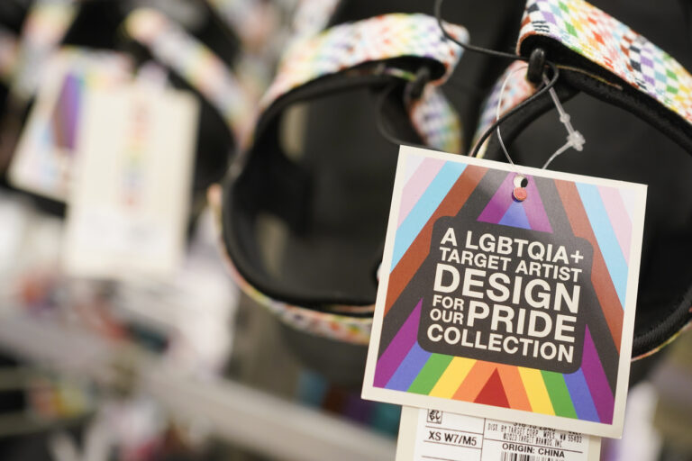 Pride month merchandise is displayed at the front of a Target store in Hackensack, N.J., Wednesday, May 24, 2023. Target is removing certain items from its stores and making other changes to its LGBTQ+ merchandise nationwide ahead of Pride month after an intense backlash from some customers including violent confrontations with its workers. (AP Photo/Seth Wenig)