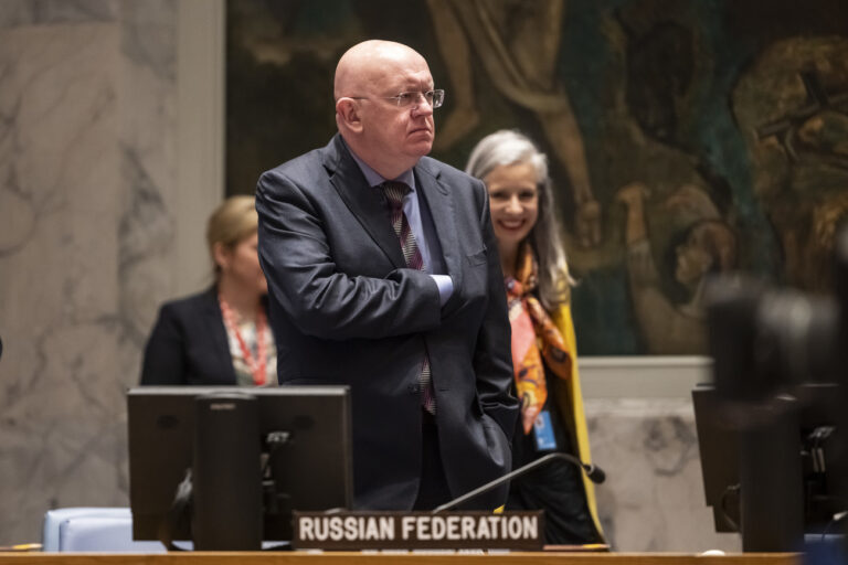 Vasily Alekseyevich Nebenzya, Permanent Representative of Russia to the United Nations, looks on ahead of a briefing on Peace and Security in Africa at the UN Security Council UNSC, on Thursday, May 25, 2023 at the UN headquarters in New York, USA. Switzerland, non-permanent member of the UNSC, holds the presidency during the month of May. (KEYSTONE/Alessandro della Valle)