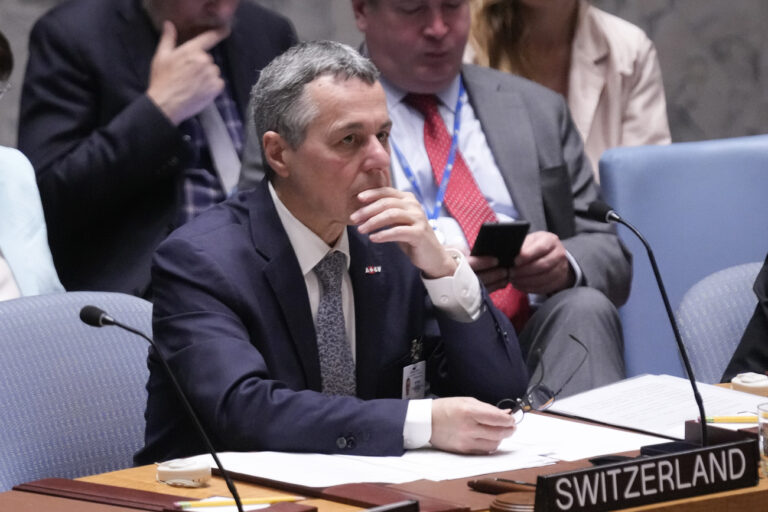 Swiss Foreign Minister and current Security Council president Ignazio Cassis listens during a Security Council meeting at United Nations headquarters, Tuesday, May 30, 2023. (AP Photo/Seth Wenig)