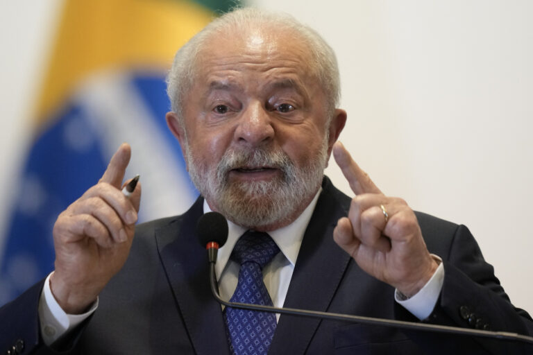 Brazilian President Luiz Inacio Lula da Silva answers a question during a press conference after attending the South American Summit at Itamaraty palace in Brasilia, Brazil, Tuesday, May 30, 2023. South America's leaders are gathering as part of Lula's attempt to reinvigorate regional integration efforts. (AP Photo/Andre Penner)