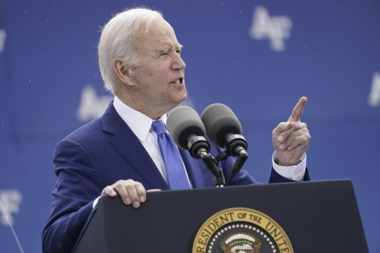 President Joe Biden speaks during the 2023 United States Air Force Academy Graduation Ceremony at Falcon Stadium, Thursday, June 1, 2023, at the United States Air Force Academy in Colorado Springs, Colo. (AP Photo/Andrew Harnik)