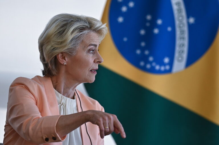 epa10687186 President of the European Commission Ursula von der Leyen talks with Brazilian President Luiz Inacio Lula da Silva (not pictured) during a meeting at the Planalto Palace in Brasà­lia, Brazil, 12 June 2023. EPA/Andre Borges