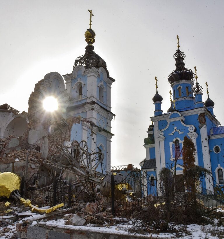 Damaged monastery in Bohorodychne, eastern Ukraine