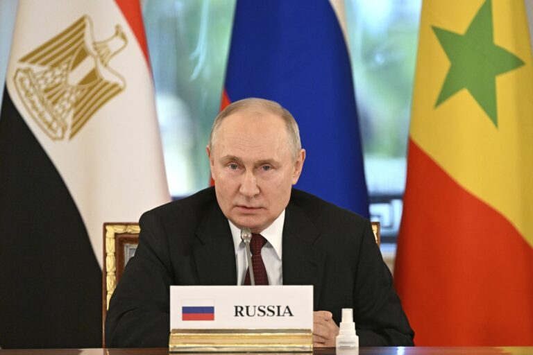 In this photo provided by Photo host Agency RIA Novosti, Russian President Vladimir Putin speaks during a meeting with a delegation of African leaders and senior officials in St. Petersburg, Russia, Saturday, June 17, 2023. Seven African leaders — presidents of Comoros, Senegal, South Africa and Zambia, as well as Egypt's prime minister and top envoys from the Republic of Congo and Uganda — traveled to Russia on Saturday a day after visiting Ukraine on a mission to try to help end the hostilities. (Evgeny Biyatov/Photo host Agency RIA Novosti via AP)