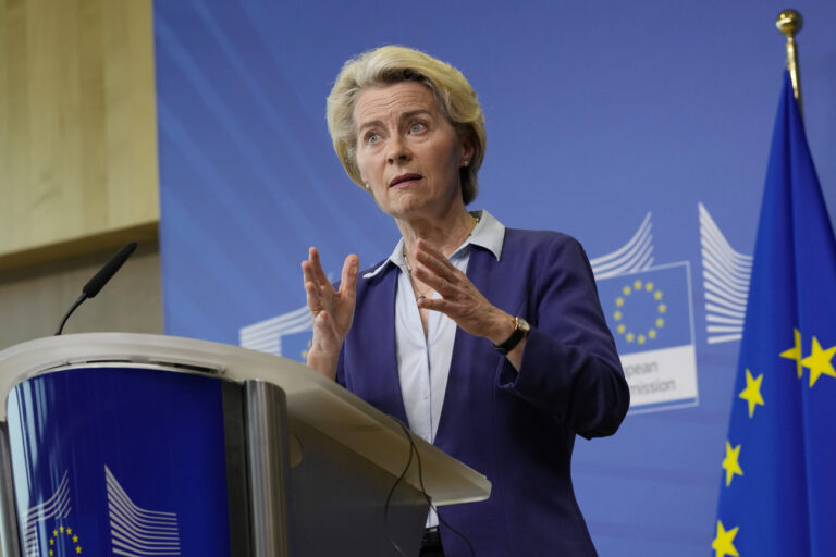 European Commission President Ursula von der Leyen speaks during a media conference after a meeting of the College of Commissioners at EU headquarters in Brussels, Tuesday, June 20, 2023. (AP Photo/Virginia Mayo)