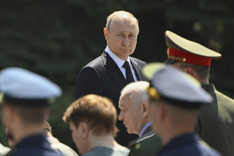 Russian President Vladimir Putin attends a wreath-laying ceremony marking the 82nd anniversary of the Nazi German invasion into Soviet Union in World War II on the Remembrance and Sorrow Day at the Tomb of the Unknown Soldier by the Kremlin wall in Moscow, Russia, Thursday, June 22, 2023. (Sergey Guneev, Sputnik, Kremlin Pool Photo via AP)