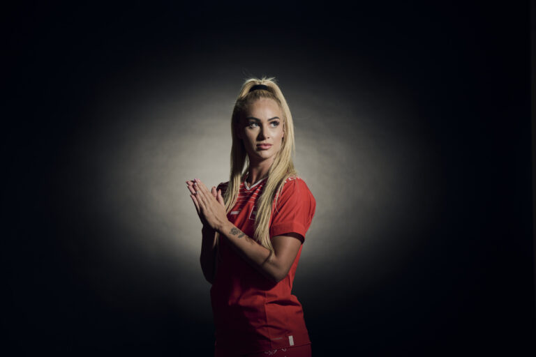 Switzerland's Alisha Lehmann poses for a portrait during a training camp of the Swiss women's national football team on Thursday, June 29, 2023 at the Grand Hotel des Bains in Yverdon, Switzerland. The Swiss team will take part in the Women's World Cup in Australia and New Zealand from 20 July to 20 August. (KEYSTONE/Gabriel Monnet)