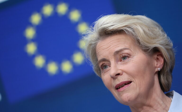 epa10719262 European Commission President Ursula von der Leyen speaks during last press conference on the second day of a European Council in Brussels, Belgium, 30 June 2023. EU leaders are gathering in Brussels for a two-day summit to discuss the latest developments in relation to Russia's invasion of Ukraine and continued EU support for Ukraine as well as the block's economy, security, migration and external relations, among other topics. EPA/OLIVIER HOSLET