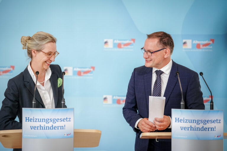 04.07.2023, Berlin: Alice Weidel, Fraktionsvorsitzende der AfD und Parteivorsitzende, und Tino Chrupalla, AfD-Bundesvorsitzender und Fraktionsvorsitzender der AfD, geben zu Beginn der Sitzung ihrer Bundestagsfraktion ein Pressestatement. Foto: Kay Nietfeld/dpa +++ dpa-Bildfunk +++ (KEYSTONE/DPA/Kay Nietfeld)