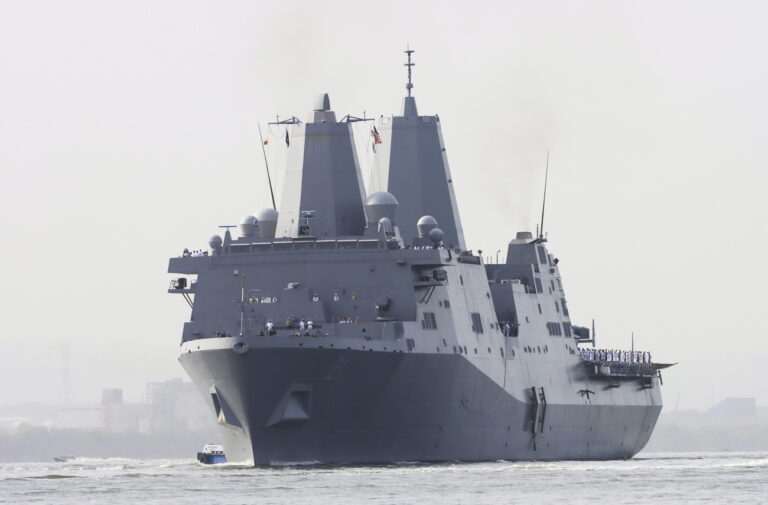 epa10740568 The warship USS New York (LPD-21) of the United States Navy arrives to participate in Operation Unitas 2023, in Cartagena, Colombia, 11 July 2023. Naval and air fleets from 20 countries are participating starting in the 64th edition of the Unitas 2023 exercises that will take place until 21 July 2023 in Cartagena and other places on the Colombian Atlantic coast. EPA/RICARDO MALDONADO ROZO