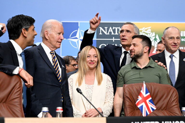 epa10741312 (L-R) Britain's Prime Minister Rishi Sunak, US President Joe Biden, Italy's Prime Minister Giorgia Meloni, NATO Secretary General Jens Stoltenberg and Ukraine's President Volodymyr Zelensky attend the NATO – Ukraine Council meeting with Sweden at the NATO ​summit in Vilnius, Lithuania, 12 July 2023. The North Atlantic Treaty Organization (NATO) Summit takes place in Vilnius on 11 and 12 July 2023 with the alliance's leaders expected to adopt new defense plans. EPA/FILIP SINGER