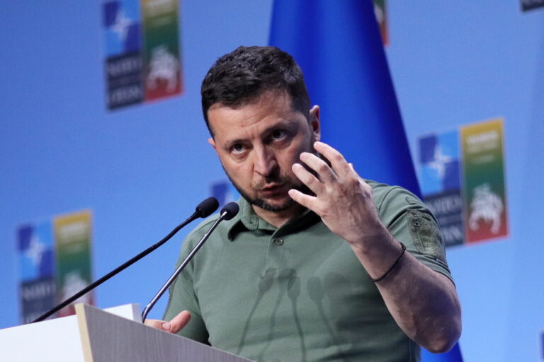 epa10742135 President of Ukraine Volodymyr Zelensky attends a press conference during the NATO ​summit in Vilnius, Lithuania, 12 July 2023. The North Atlantic Treaty Organization (NATO) Summit takes place in Vilnius on 11 and 12 July 2023 with the alliance's leaders expected to adopt new defense plans. EPA/TIM IRELAND