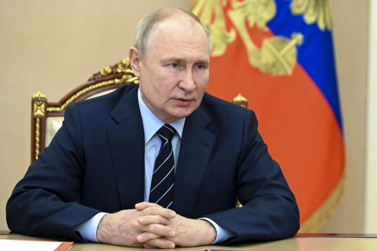 Russian President Vladimir Putin chairs a Security Council meeting via videoconference at the Kremlin in Moscow, Russia, Friday, July 14, 2023. (Aleksey Babushkin, Sputnik, Kremlin Pool Photo via AP)