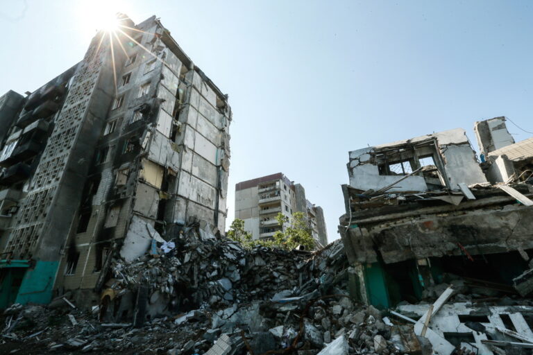 epa10750428 Destroyed apartment blocks in Vuhledar town, Donetsk region, Ukraine, 16 July 2023. Located in the southern part of Donetsk region, Vuhledar is a frontline town. Before Russia's ongoing invasion of Ukraine, the population of the town was 14432 citizens. Currently, less than 100 citizens live there, based on different calculations and since 24 February 2022, 59 citizens, including three children, have been killed. There are no buildings that are not damaged or ruined, there is no infrastructure, no water and no electricity. The Russian army tried to assault Ukrainian positions around the town, but were unsuccessful. Russian troops entered Ukraine on 24 February 2022 starting a conflict that has provoked destruction and a humanitarian crisis. EPA/OLEG PETRASYUK ATTENTION: This Image is part of a PHOTO SET