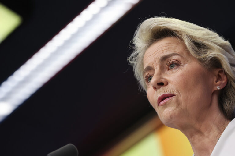 European Commission President Ursula von der Leyen talks to journalists during a joint news conference with Saint Vincent and Grenadines Prime Minister Ralph Gonsalves, European Council President Charles Michel and Argentina's President Alberto Fernandez at the end of the third EU-CELAC summit that brings together leaders of the EU and the Community of Latin American and Caribbean States, in Brussels, Belgium, Tuesday, July 18, 2023. (AP Photo/Francois Walschaerts)