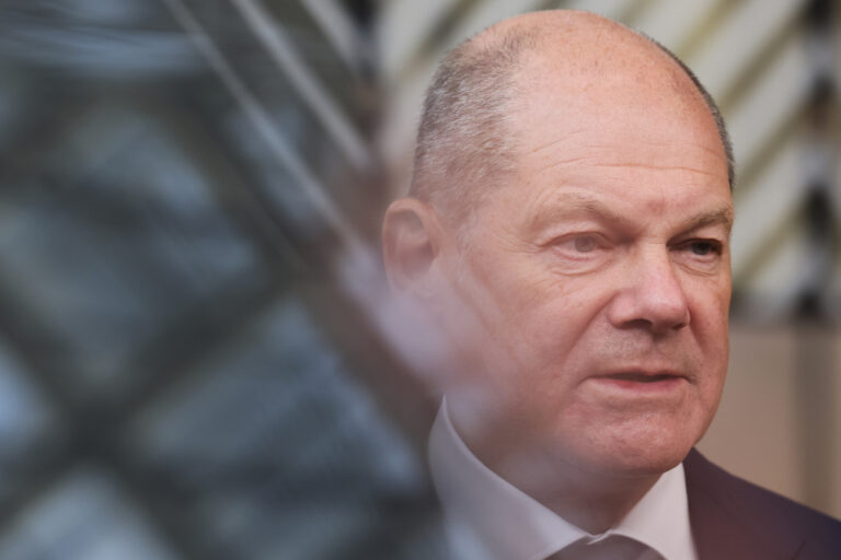 Germany's Chancellor Olaf Scholz talks to journalists during the third EU-CELAC summit that brings together leaders of the EU and the Community of Latin American and Caribbean States, in Brussels, Belgium, Tuesday, July 18, 2023. (AP Photo/Geert Vanden Wijngaert)