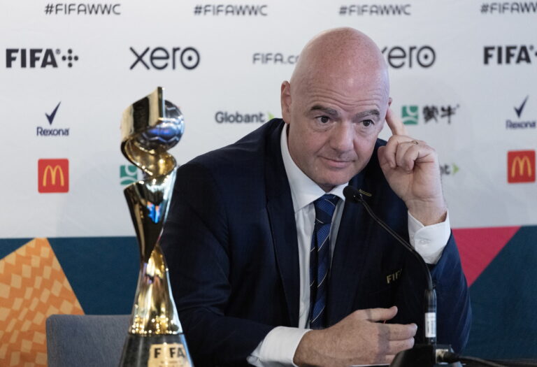 epa10754509 President of the Federation Internationale de Football Association (FIFA) Gianni Infantino speaks to reporters during a press conference ahead of the FIFA Women's World Cup in Auckland, New Zealand, 19 July 2023. Australia and New Zealand will co-host the FIFA Women's World Cup beginning on 20 July to 20 August 2023 EPA/HOW HWEE YOUNG