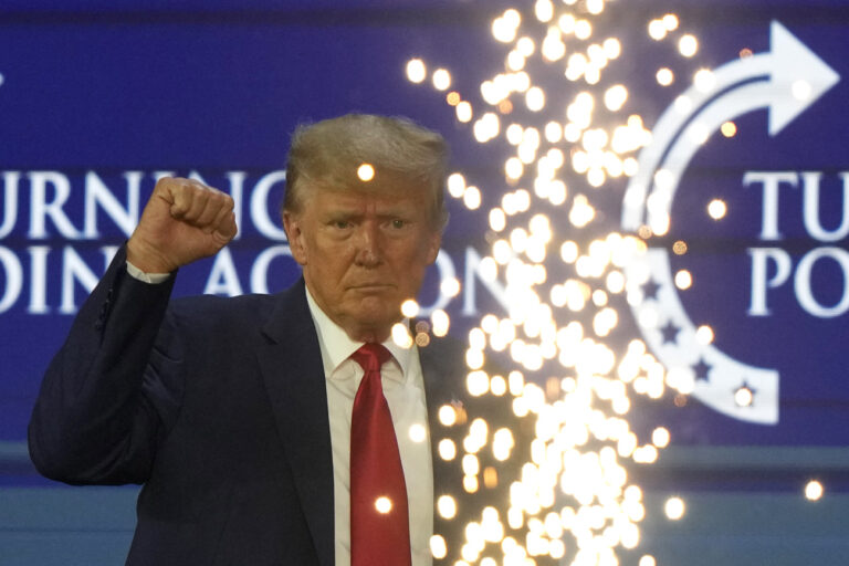 Former President Donald Trump speaks at the Turning Point Action conference, Saturday, July 15, 2023, in West Palm Beach, Fla.(AP Photo/Lynne Sladky)