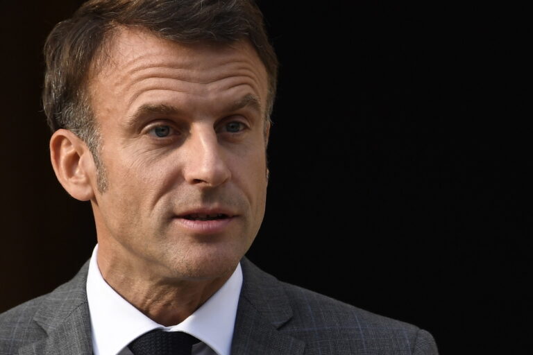 epa10760751 French President Emmanuel Macron gives a speech during a ceremony to mark the 140th anniversary of the creation of the Alliance Francaise centres at the Elysee presidential palace in Paris, France, 21 July 2023. EPA/JULIEN DE ROSA / POOL MAXPPP OUT